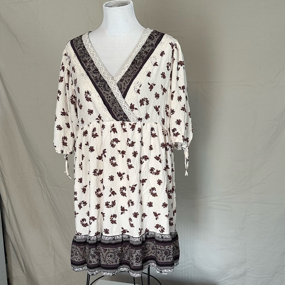Maurices Cream Rust Purple Floral Mini Dress boho babydoll XL lined V-neck lace